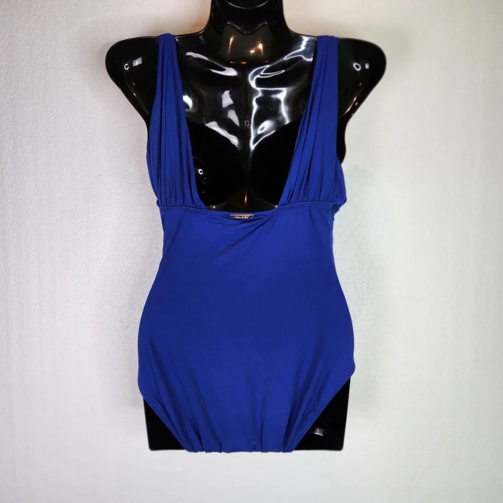 Lauren Ralph Lauren Blue Ruched V-Neck One‎ Piece Swimsuit Size 8